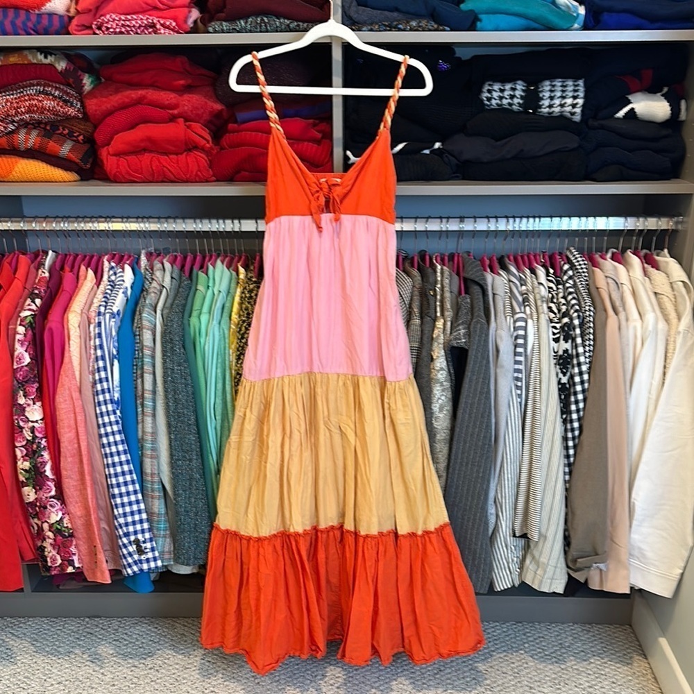 Scotch & Soda orange/pink/tan rope detail straps smocked back midi dress size XS